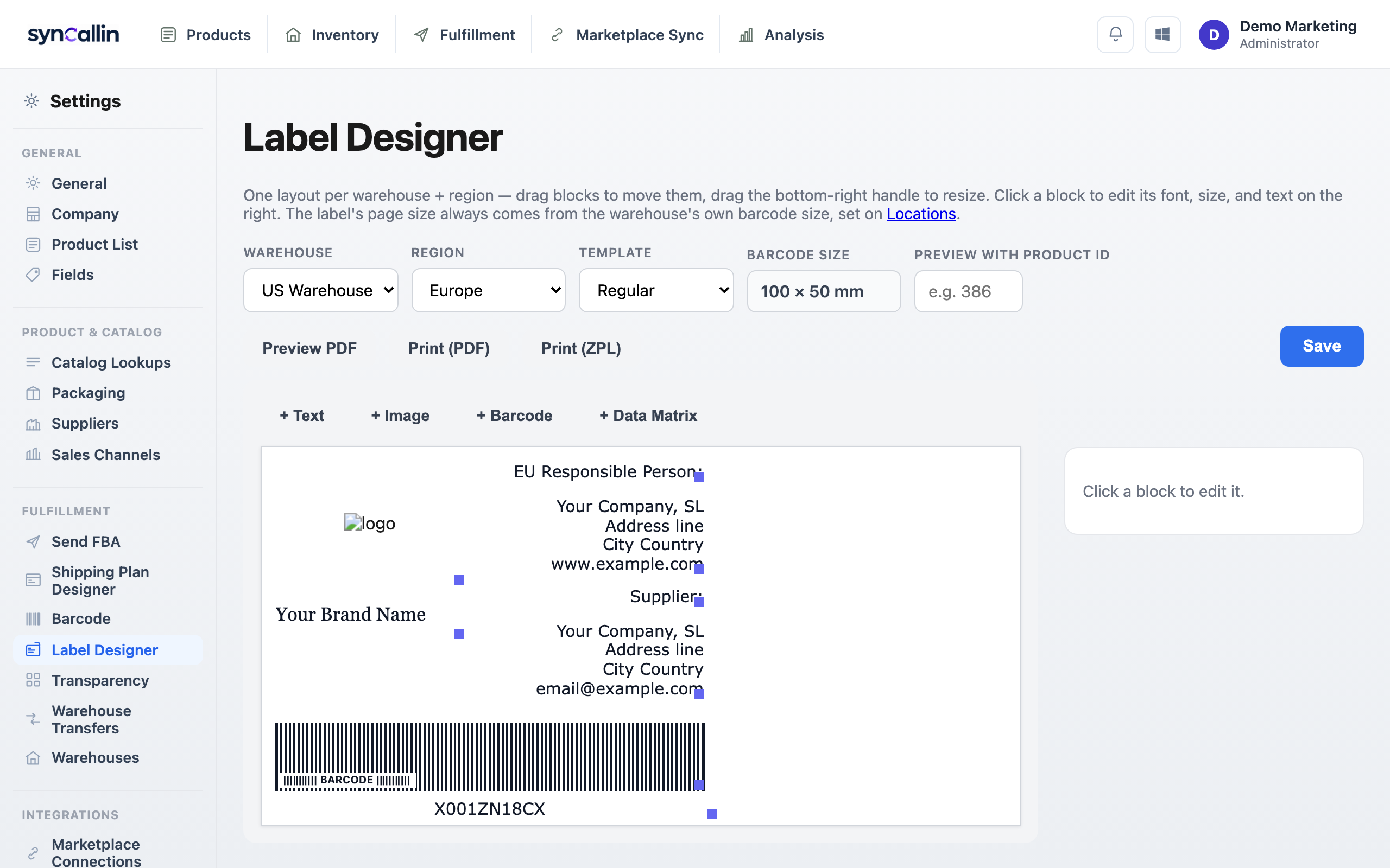 syncallin Label Designer, laying out a printable barcode label for a warehouse