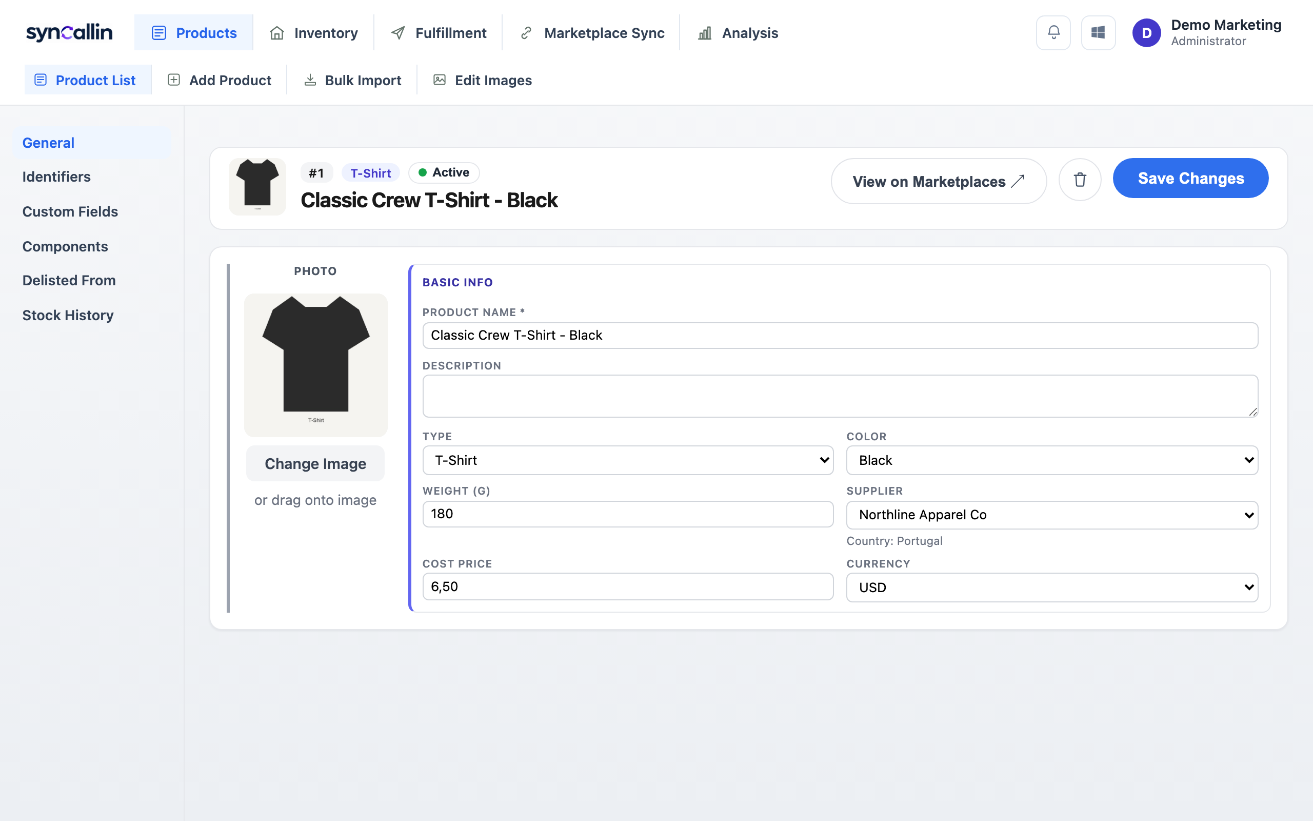 syncallin product details page, showing identifiers, custom fields, packaging, components and barcode tabs