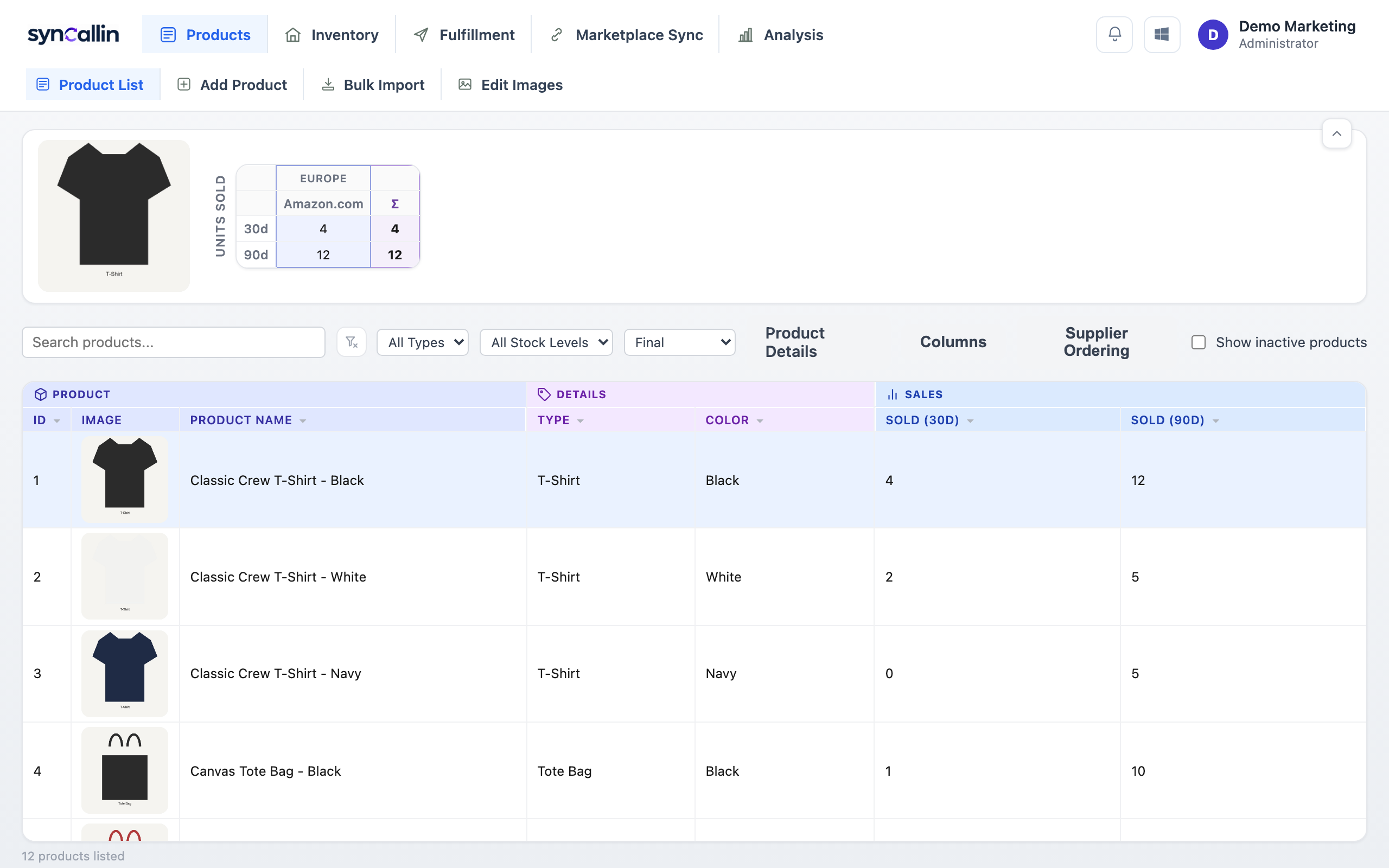 syncallin product catalog list, showing products with photos, stock levels and units sold