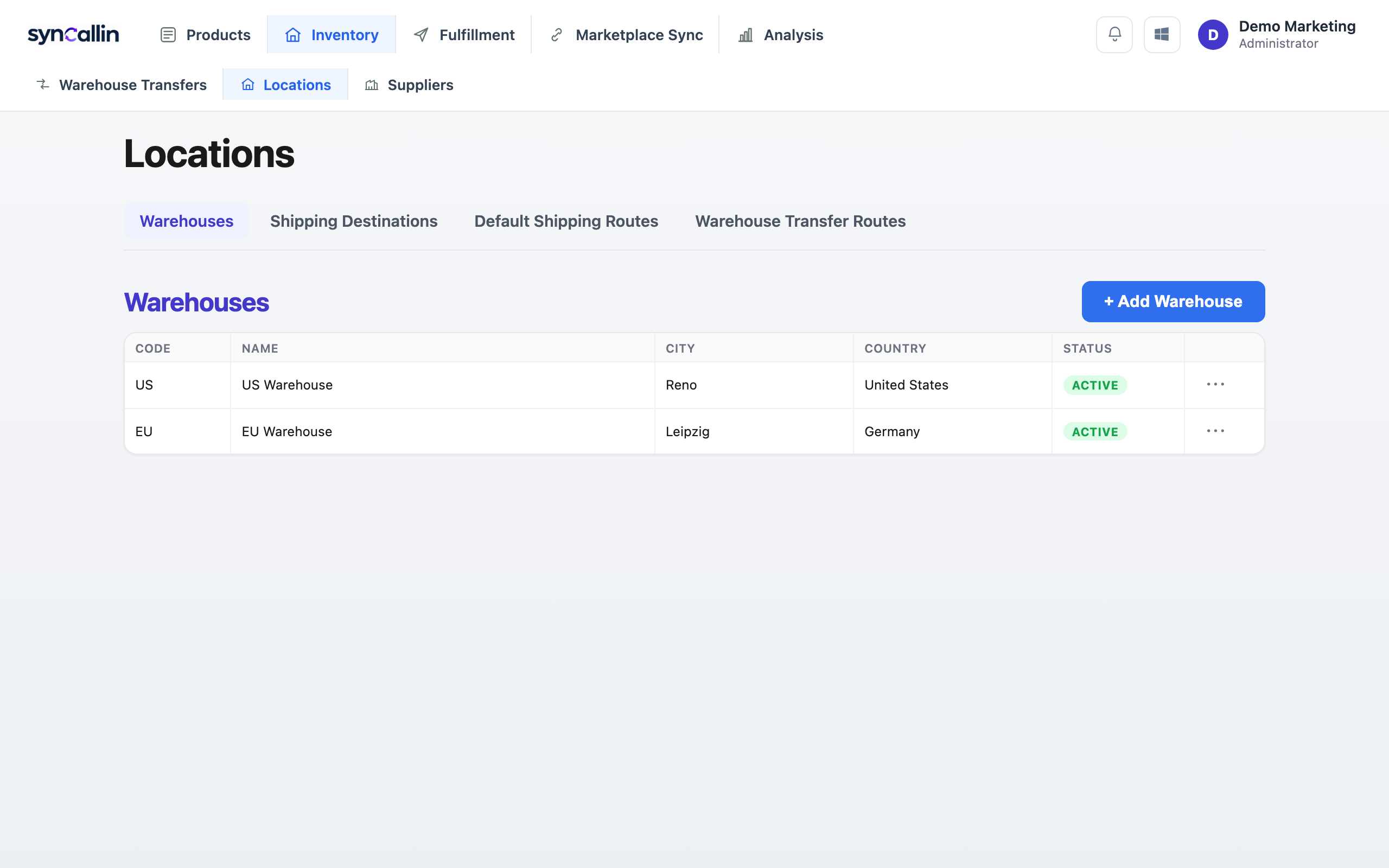 syncallin warehouse locations page, listing warehouses with code, city, country and status